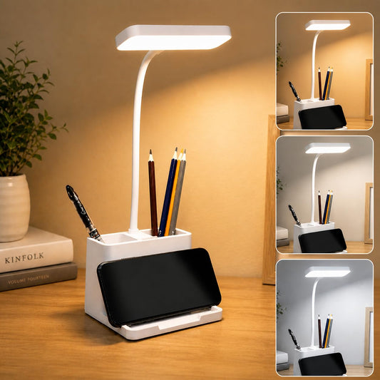 lastic 3 Color Mode Led Study Table Desk Lamp For Students With Pen & Phone Holder, Rechargeable Touch On/Off Studying