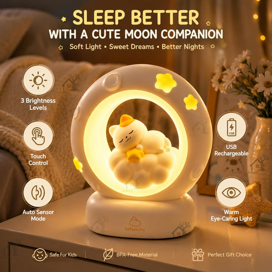 Cat Moon Light For Bedroom Dim Light| 3 Gear Brightness Night Lamp for Kids| Home Decor Gift for Women Girls & Boys| Couple Gift| Love Gift for Her| Decoration Silicone Night Lamp| Cute LED Moon