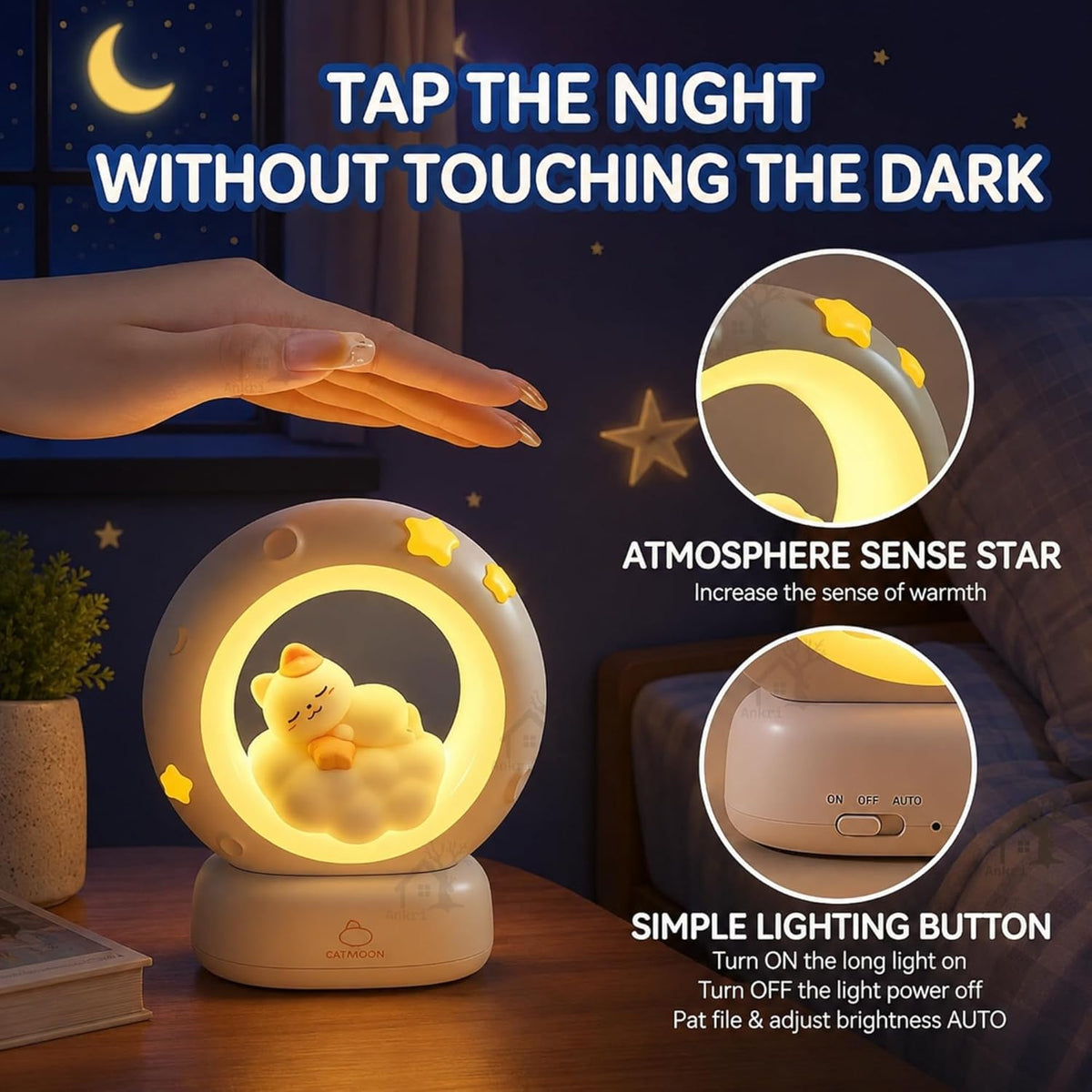 Cat Moon Light For Bedroom Dim Light| 3 Gear Brightness Night Lamp for Kids| Home Decor Gift for Women Girls & Boys| Couple Gift| Love Gift for Her| Decoration Silicone Night Lamp| Cute LED Moon