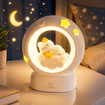 Cat Moon Light For Bedroom Dim Light| 3 Gear Brightness Night Lamp for Kids| Home Decor Gift for Women Girls & Boys| Couple Gift| Love Gift for Her| Decoration Silicone Night Lamp| Cute LED Moon