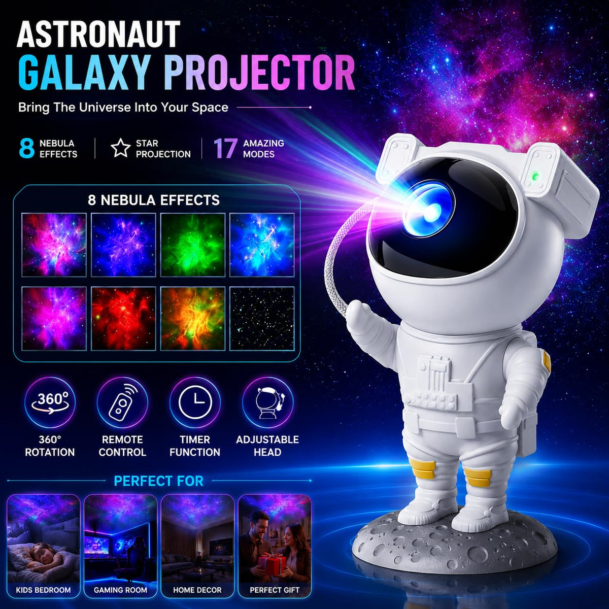 Astronaut Space Projector Night Light – 360° Rotating Star Nebula Lamp with Remote, Timer & Adjustable Head for Kids Bedroom, Home Decor, Gaming Room & Party Lights